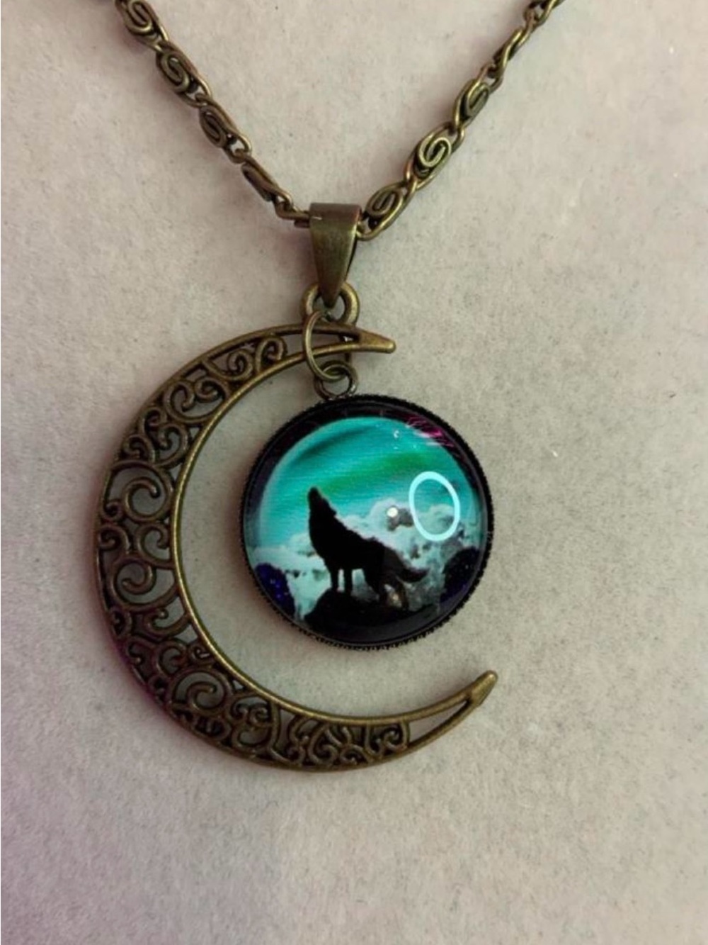 Bronze Crescent Moon Wolf Pendant Necklace in Teal (Z-4)